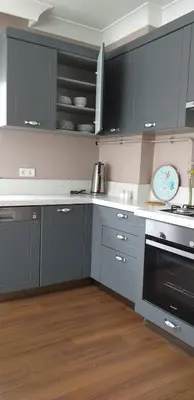 a kitchen with gray cabinets and a black oven at PALACE KIRKPINAR in Sakarya