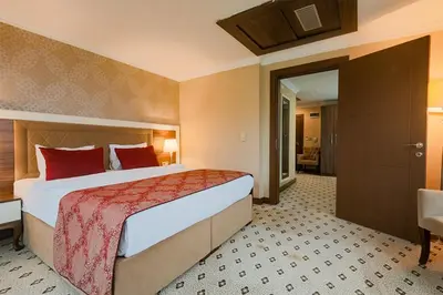 a hotel room with a large bed with red pillows at The Sign Kocaeli Thermal Spa Hotel &Convention Center in Yeniköy