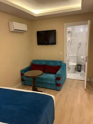 a living room with a couch and a tv at Hotel Barbarosa in Istanbul