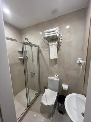 a bathroom with a shower and a toilet and a sink at Hotel Barbarosa in Istanbul