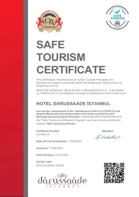 a certificate for a safe tourism certificate with a red and white at Darussaade Hotel Old City - Sultanahmet in Istanbul