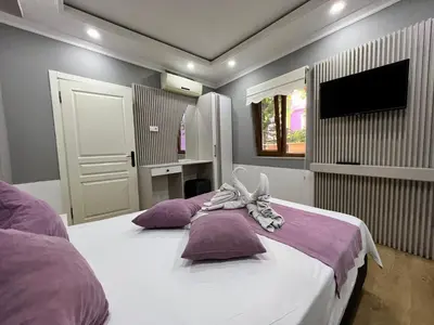 a bedroom with two beds with purple pillows and a tv at The Zanadu İstanbul in Istanbul