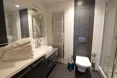 a bathroom with a sink and a toilet and a shower at Three bedroom Duplex apartment with large terrace in Istanbul