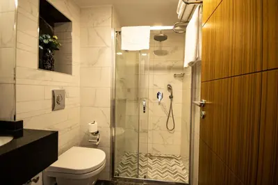 a bathroom with a shower and a toilet at Eliza Hotel in Istanbul