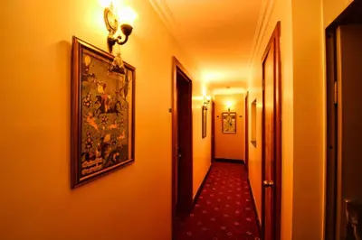 a hallway with a painting on the wall and a hallwayngthngthngthngthngth at Santa Ottoman Hotel in Istanbul