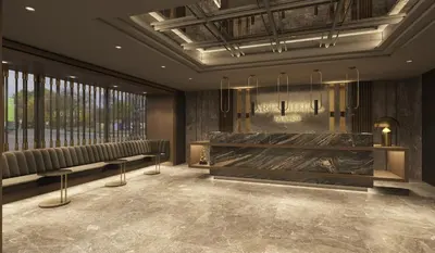 a rendering of a lobby with benches and a fireplace at Arts Hotel Taksim in Istanbul