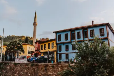 a blue building with a mosque in the background at Misgibi Hotel in Bursa