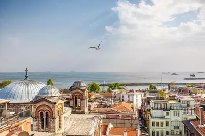 a bird flying over a city with buildings at Maduro Hotel Istanbul in Istanbul