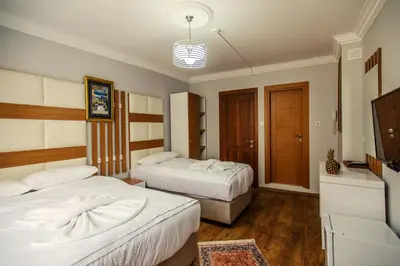 a hotel room with two beds and a television at Maduro Hotel Istanbul in Istanbul