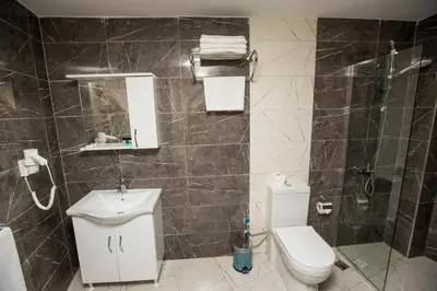 a bathroom with a toilet and a shower at Corner Garden Hotel in Istanbul