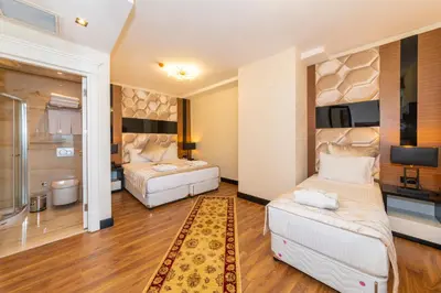a hotel room with two beds and a television at Eastanbul Suites in Istanbul