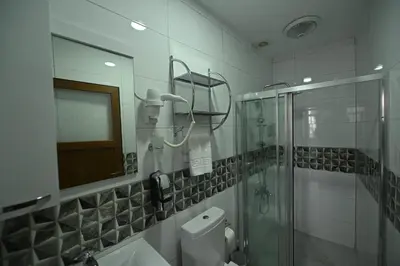 a bathroom with a shower and a toilet and a sink at Safir Gold Hotel in Istanbul