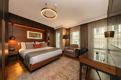 a bedroom with a bed and a desk and a chair at Levni Plus Hotel in Istanbul