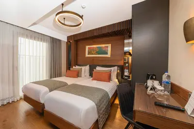 a hotel room with a bed and a desk at Levni Plus Hotel in Istanbul