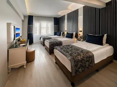 a hotel room with two beds and a television at Beyazit Palace Hotel in Istanbul