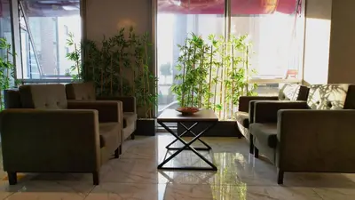 a waiting room with chairs and a table and plants at Atacity Hotel in Istanbul