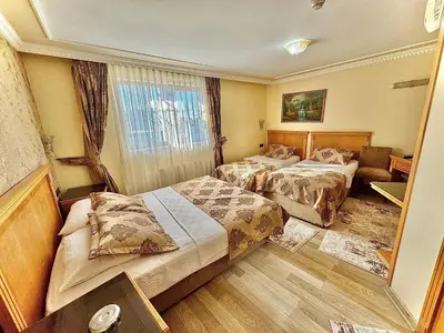 a hotel room with two beds and a window at Grand Papirus Hotel in Istanbul