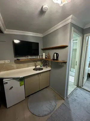 a kitchen with a sink and a tv on the wall at Nelly Guesthouse in Istanbul