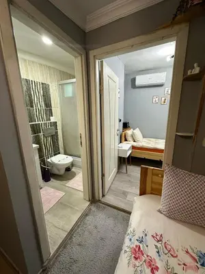 a bedroom with a bathroom with a shower and a toilet at Nelly Guesthouse in Istanbul