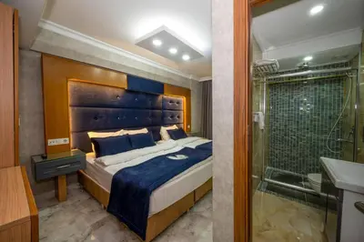 a bedroom with a large bed and a shower at Tamara Residence Hotel İstanbul in Istanbul