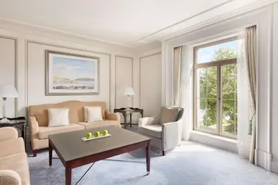 a living room with a couch and a table at Shangri-La Bosphorus, Istanbul in Istanbul