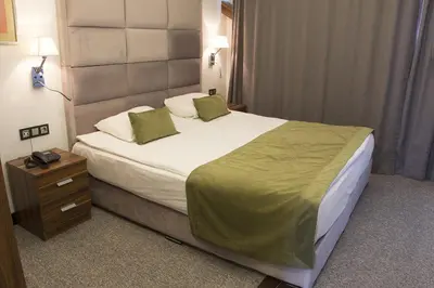 a bedroom with a large bed and a night stand at The 22 Hotel in Istanbul
