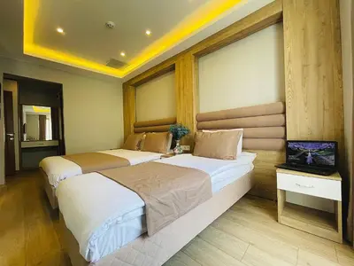 two beds in a room with windows at Zem Hotel in Istanbul