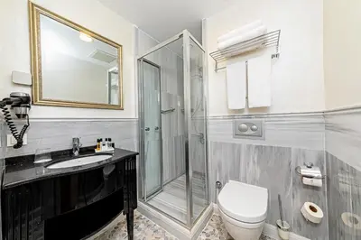 a bathroom with a shower and a toilet and a sink at Meroddi Galata Flats in Istanbul