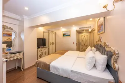 a hotel room with a bed and a television at Almadina Hotel Istanbul in Istanbul