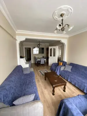 a living room with blue couches and a table at Eda's Apartment in Istanbul