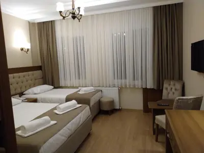 a hotel room with two beds and a desk at Ribad Hotel Sultanahmet in Istanbul