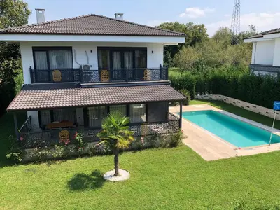 a house with a palm tree and a swimming pool at Bahar Villas Sapanca in Sapanca