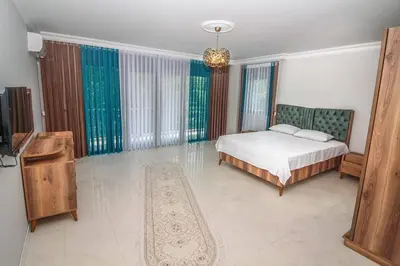 a bedroom with a bed and a chandelier at Bahar Villas Sapanca in Sapanca