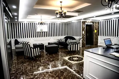 a living room with black and white striped walls at Cnr İnci Hotel in Istanbul