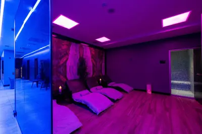 a purple room with a bed and a couch at Graziella Gold Hotel in Istanbul