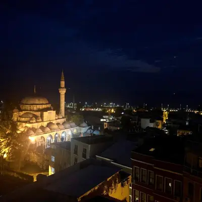 a view of a city at night with a mosque at Mehmet Bey Suites in Istanbul
