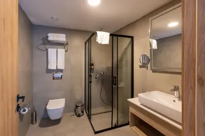 a bathroom with a shower and a toilet and a sink at Yez Boutique Hotel in Istanbul