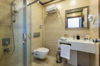 a bathroom with a toilet and a sink and a shower at MENAR HOTEL&SUITES -Old City Sultanahmet in Istanbul