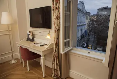 a hotel room with a desk and a window at Corinne Art & Boutique Hotel in Istanbul