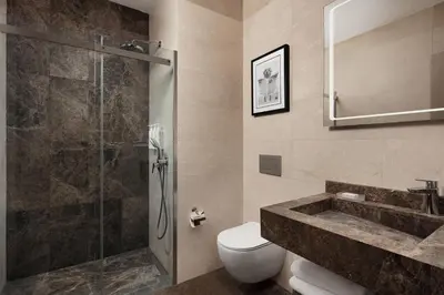 a bathroom with a shower and a toilet and a sink at Delta Hotels by Marriott Istanbul Vadi in Istanbul