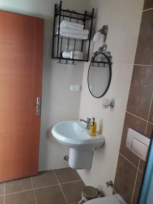 a bathroom with a sink and a mirror and a toilet at Sapphire Hotel in Agva
