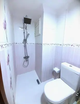 a white bathroom with a toilet and a shower at Ozbekler Hotel-Old City in Istanbul