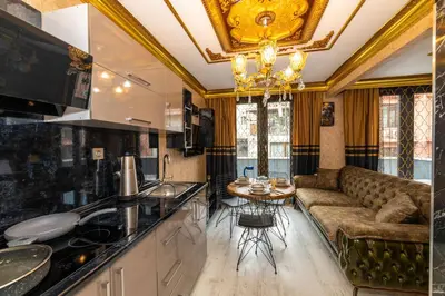 a kitchen and living room with a couch and a table at Istanbul Taksim Residence Hotel By MESUT in Istanbul