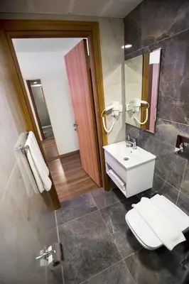 a bathroom with a sink and a toilet and a mirror at Golden Street Hotel in Istanbul