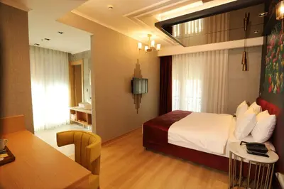 a hotel room with a bed and a table and a desk at My Garden Hotel in Istanbul