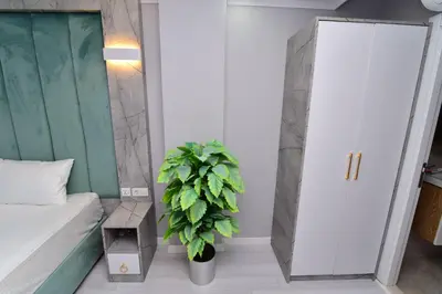 a bedroom with a white cabinet and a potted plant at Little sofia hotel in Istanbul