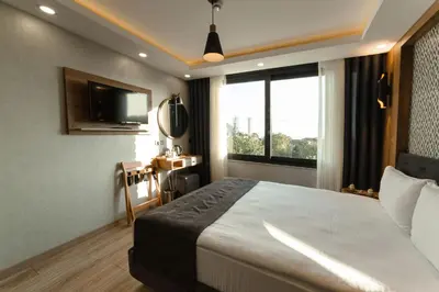 a bedroom with a bed and a tv and a window at World Heritage Center Hotel in Istanbul