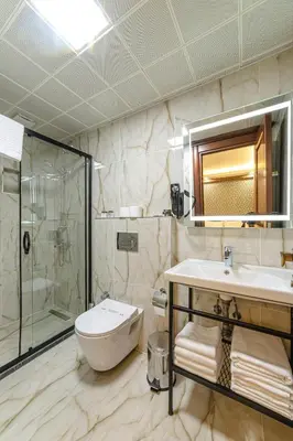 a bathroom with a sink and a shower and a toilet at World Heritage Center Hotel in Istanbul