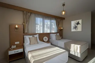 a hotel room with two beds and a window at Zeyn Otel Istanbul in Istanbul