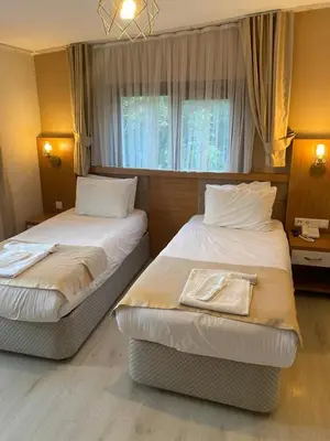 two beds in a small room with a window at Zeyn Otel Istanbul in Istanbul